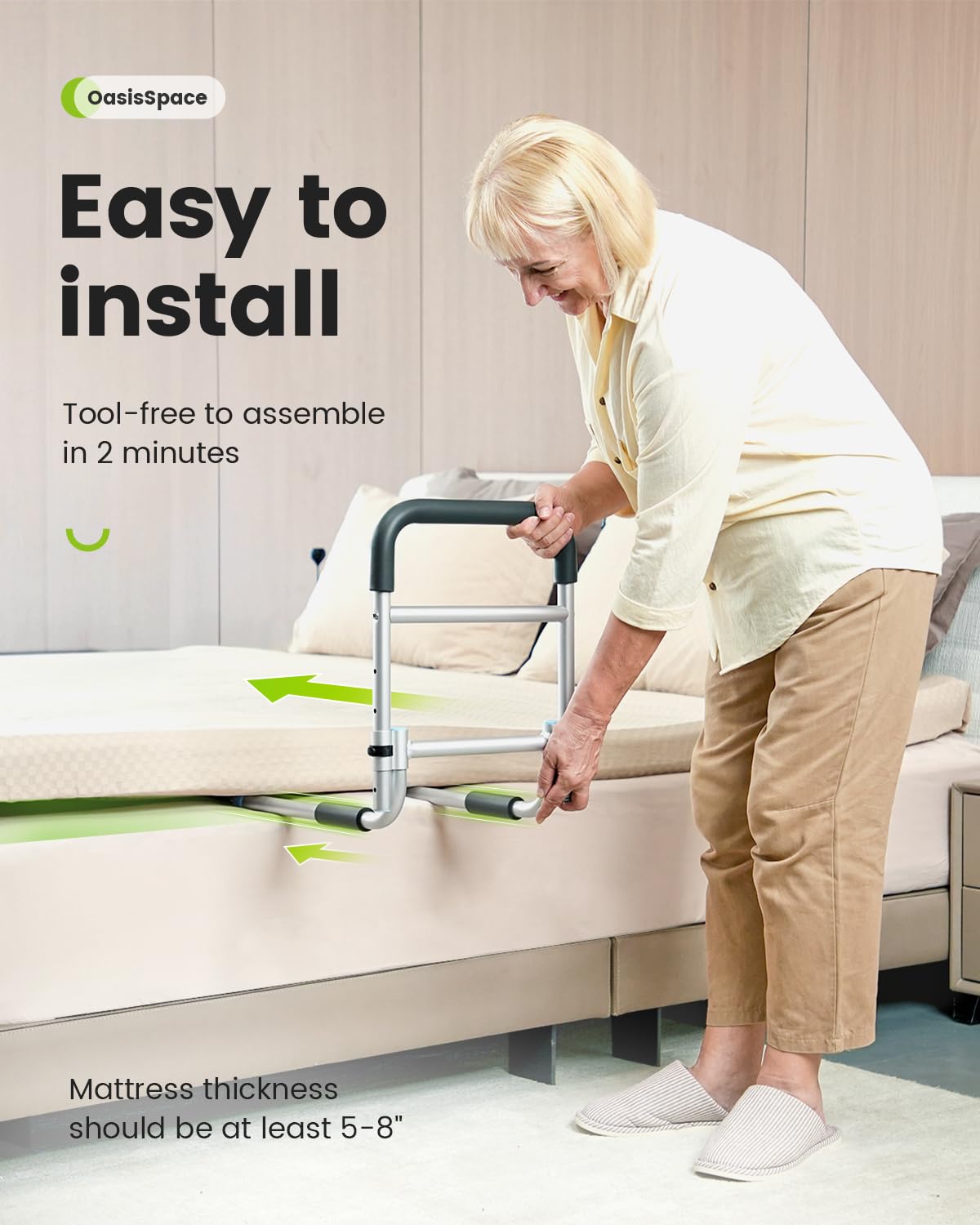 OasisSpace Bed Rail Bedside Fall Prevention Grab Bar Mobility Aid for Elderly Seniors, Handicap Adjustable Adult Bed Rail Cane fits King, Queen, Full, Twin Stability Standing Bar Handle