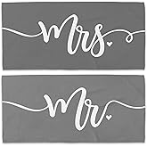 WAITPI Mr and Mrs Beach Towel Set of 2, Valentines Honeymoon Wedding Beach Towels Gifts for Newlywed Couple Bride Groom, Grey and White Towels Oversized Decor for Bathroom 30x60 in