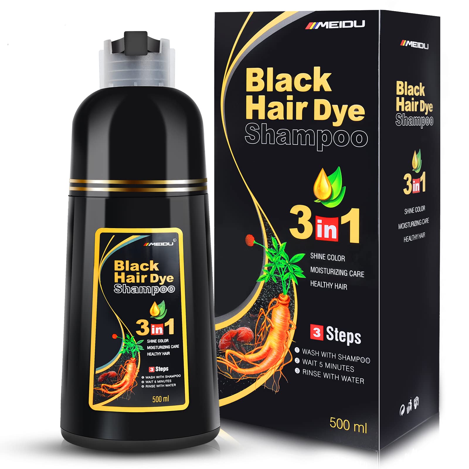Photo 1 of MEIDU Black Hair Dye Shampoo 3 in 1, Shampoo for Color Treated Hair 100% Gray Coverage for Women Men, Natural Herbal Ingredients Champu Para Canas pintar el pelo 500ml