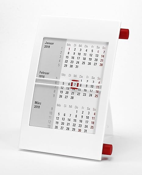 HiCuCo 3-Monats-Tischkalender für 2 Jahre (2019 und 2020) - Aufstellkalender - mit Drehmechanik - weiß/rot - TypD1
