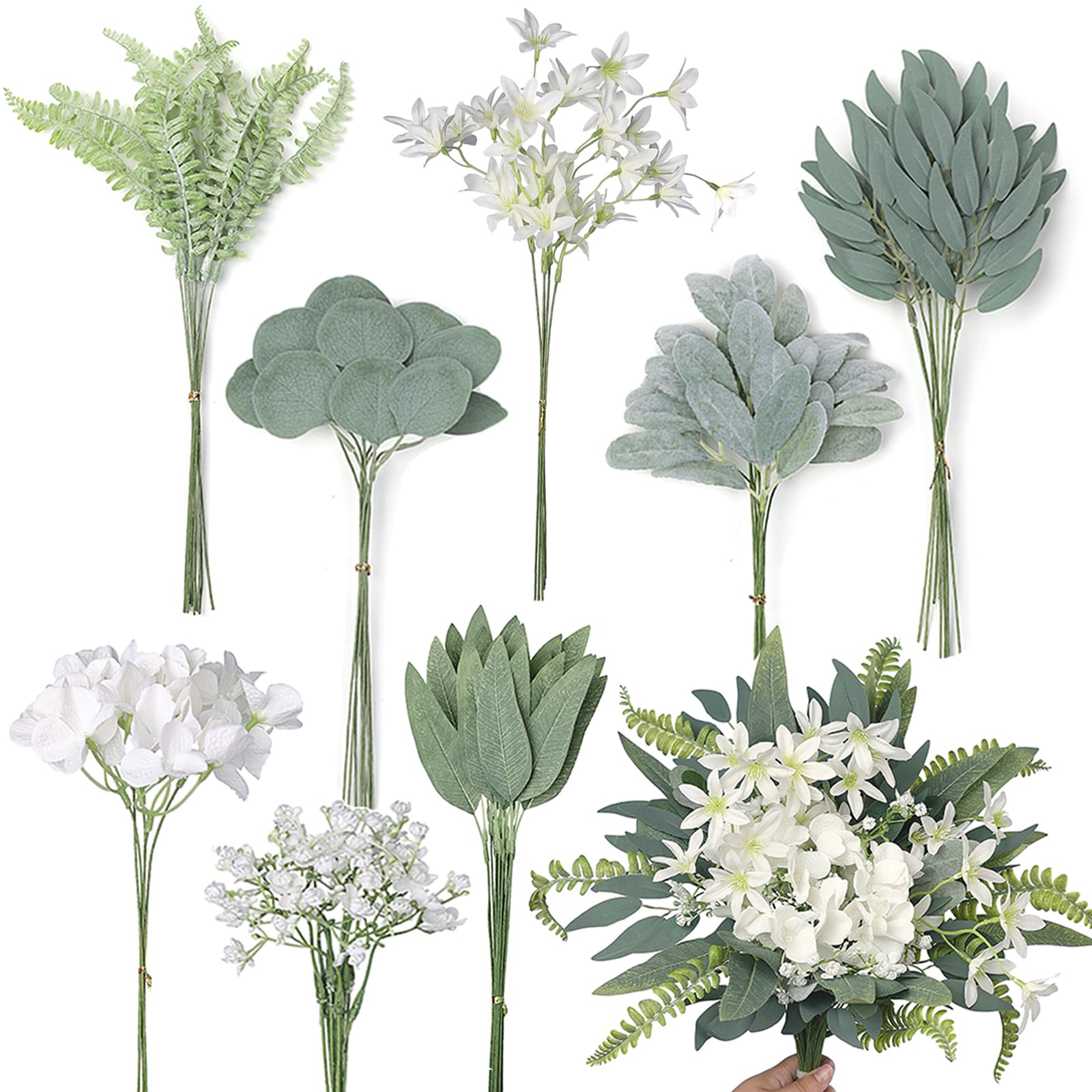 Photo 1 of VIERENA Artificial Greenery Stems Box Set(Pack of 85pcs) with 8 Kinds of Faux Plants and Fake Flowers for DIY Wedding Bouquet Table Centerpieces and Floral Arrangement (White&Dusty Green)