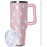 Lumumanber 40oz Easter Bunny Tumbler with Handle and Straw, Rabbit Stainless Steel Travel Mug Water Bottle, Vacuum Insulated Cup, Gifts for Women Bunny Lovers