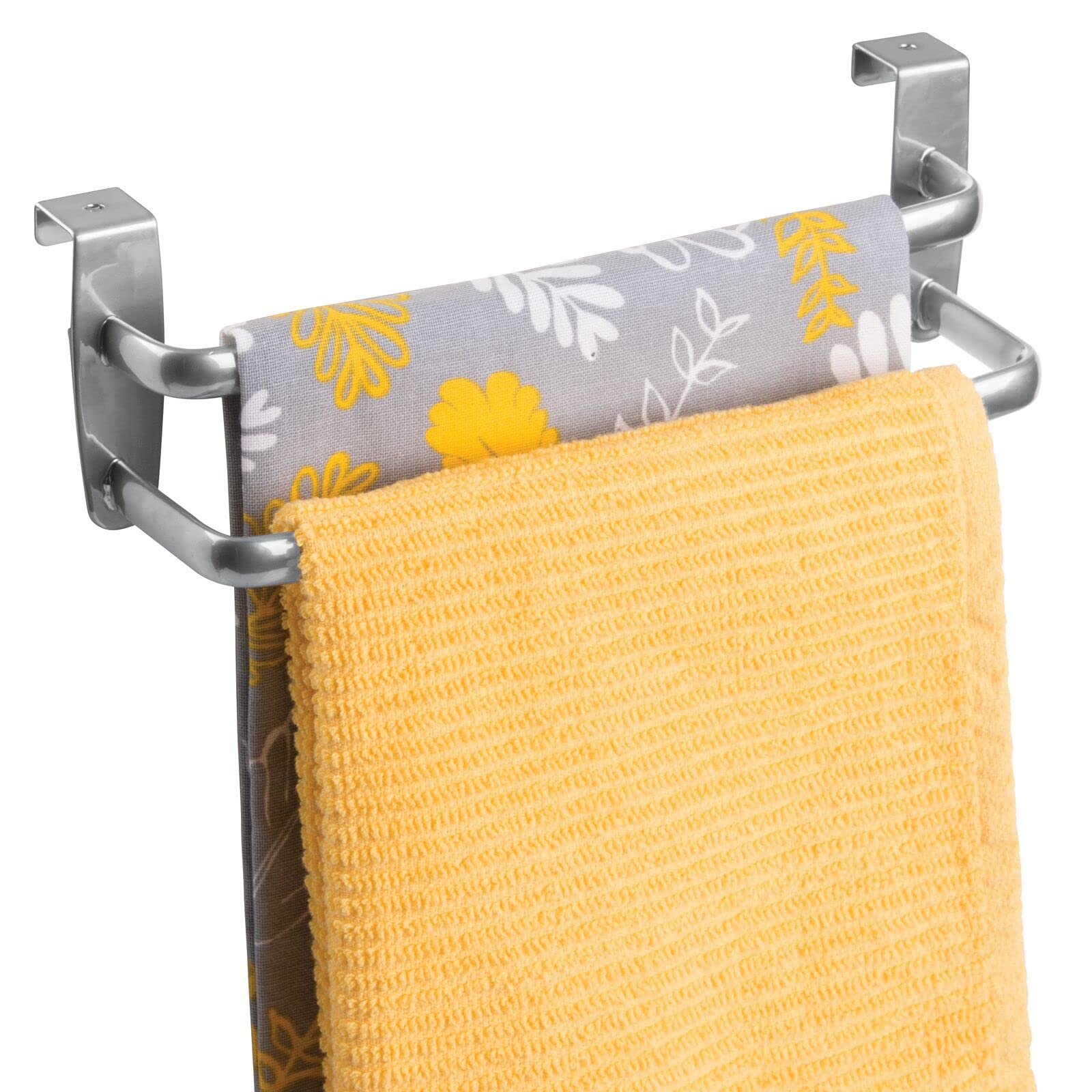 mDesign Double Tea Towel Holder for Hanging Over the Kitchen Cupboard Door - Towel Rack - No Drilling Necessary - Also Suitable as a Bath Towel Holder - Silver