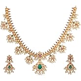 TARINIKA Gold Plated Brass Premal Antique Indian Jewelry Set for Women With Earrings, Bollywood Indian Necklace, CZ Stones(White,Red,Green) | 1-Year Warranty*