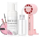 BREYLEE 100ml Lash Shampoo Kit for Lash Extensions, for Salon and Home Use | Include Lash Fan Dryer, Rinse Bottle, Brushes, Cotton Puff, Eyelash Extension Cleanser, Lash Bath Wash Soap Foam Cleaner