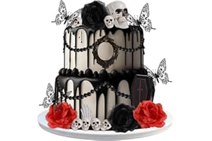 Glavatrix 23 Pieces Halloween Cake Decorations Gothic Cake Decorations Red Black Rose Cake Topper Butterfly Coffin Ghost Hand Skull Cake Topper Rip Cake Decoration for Birthday Wedding Halloween Party