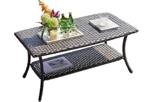 HUMMUH Wicker Patio Coffee Table,Rattan Outdoor Coffee Table with 2-Layer Storage Furniture Tables for Garden,Porch,Backyard