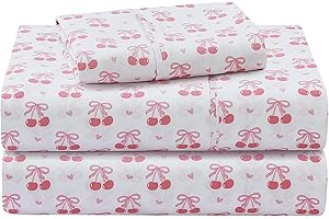 Viviland 3 Pieces Girls Pink Twin Sheet Set - Soft Microfiber Fitted Flat Sheets & Pillowcase - Pink Cherry Bow Print Bedding