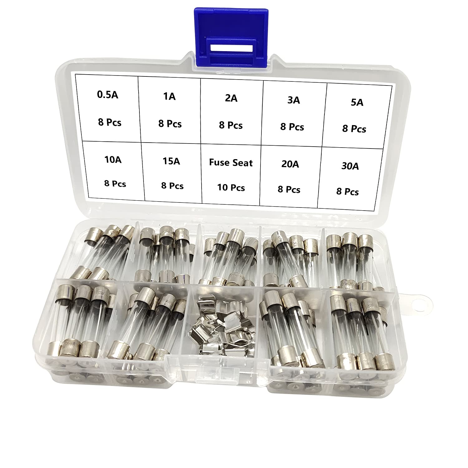 ALLNICE M6x30MM Glass Cartridge Fuse Fast Glow Tube Fuse Assortment Kit 0.5A 1A 2A 3A 5A 10A 15A 20A 30A, 72PCS and 10PCS Fuse Seat (Type 3：M6*30MM)