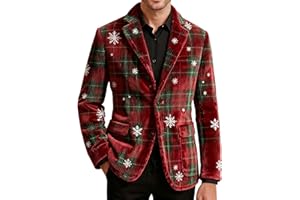 hlysgo Mens Christmas Suit Jackets Xmas Printed Corduroy Business Blazers Lapel Button Fitted Party Trench Coat with Pockets