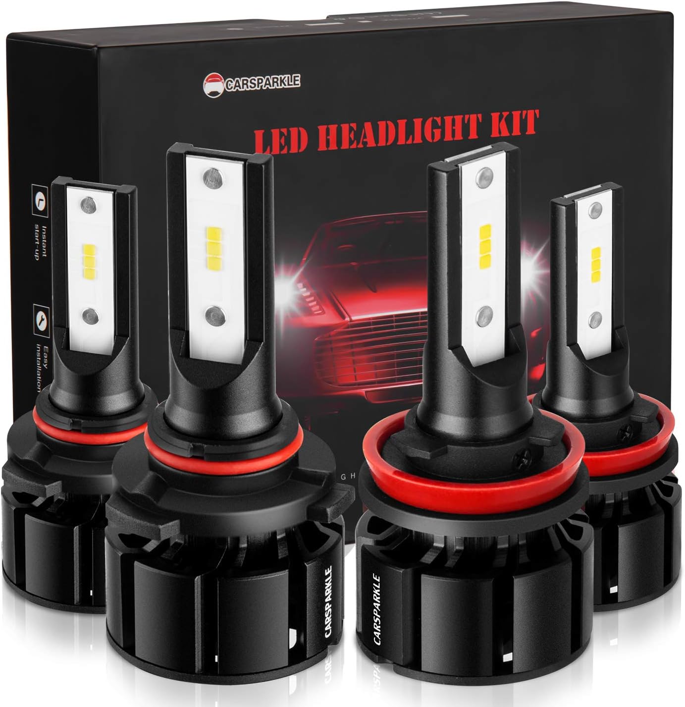 H11 9005 LED Headlight Bulbs Combo Package (2 sets) Headlight Bulbs Conversion Kit MINI Size CARSPARKLE Q1 SERIES 6 Pics CSP Chips with Cooling High/Low Beam Headlight Bulb 12000LM 6000K Xenon White