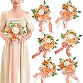 TINGE TIME Bridesmaid Bouquets for Wedding Set of 6 CoralPink & Champagnee 7 Inch Wedding Bouquets Artificial Silk Flowers Bridal Bouquets for Bridesmaids, Wedding Decor, Anniversary