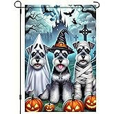 BlissYard Halloween Garden Flag Double Sided 12x18 Flag Dog Fall Garden Flag Halloween Schnauzer Party Flag With Ghost Dress Up Mummy Dress Up Witch Ghost Black Castle Cross Lawn Outdoor Yard Banner