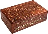 Ajuny Hand Carved Wooden Jewelry Box Floral Brass Inlay 8x5 in