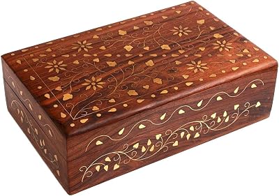Ajuny Hand Carved Wooden Jewelry Box Floral Brass Inlay 8x5 in