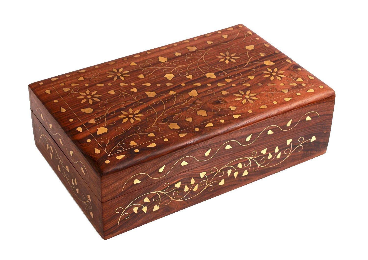 Ajuny Hand Carved Wooden Decorative Jewelry Storage Box Floral Vintage Style Brass Inlay Multipurpose Keepsake Storage Organiser Travel Treasure Chest Trinket Holder Great Gifts 8x5 Inch