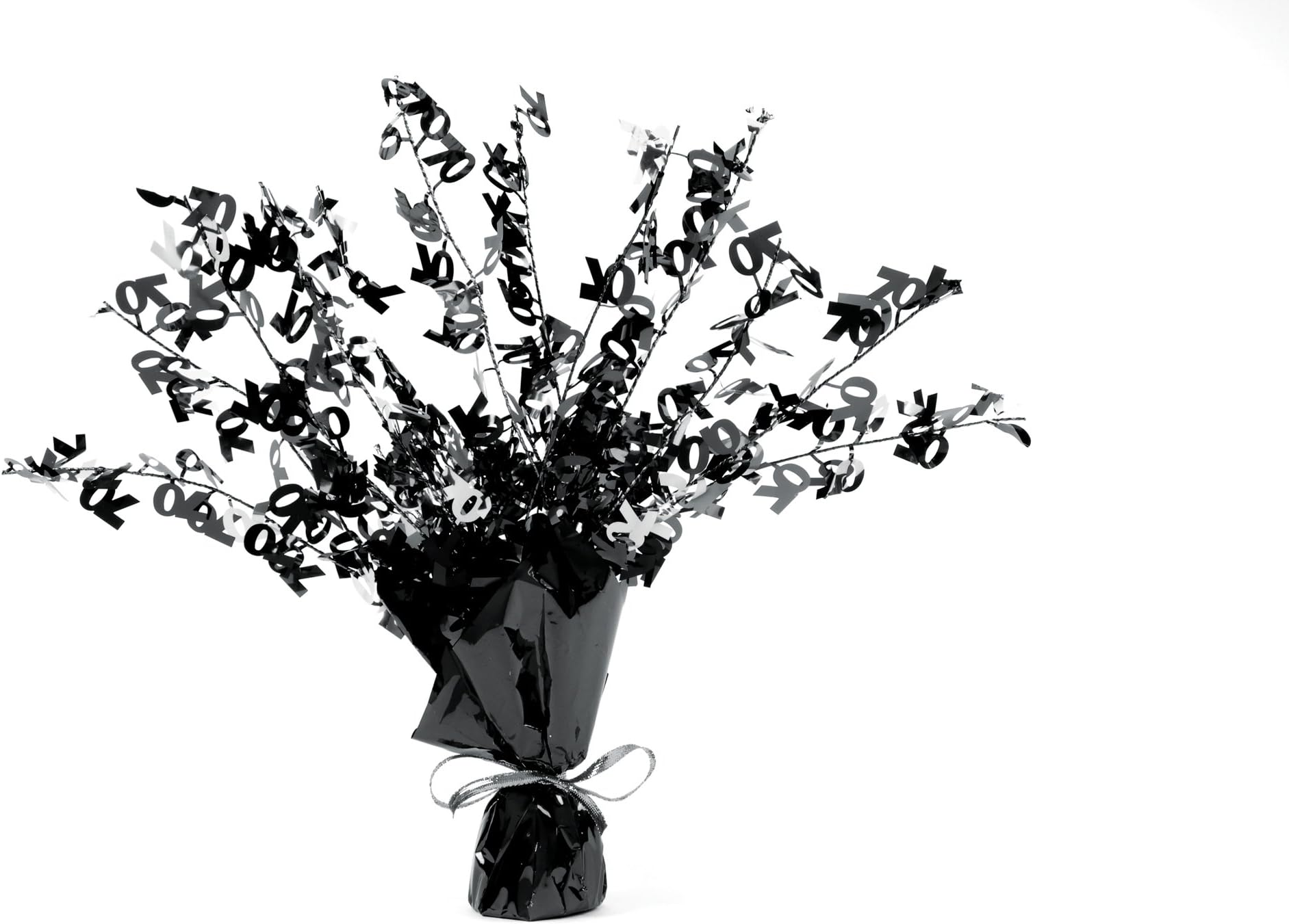 Age 70/Happy 70th Birthday Silver & Black Weighted Spray Centrepiece
