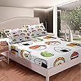 Sushi Pattern Bedding Set Full Size Cute Bed Sheet Set for Girls Teens Bedroom Decor Kids Cartoon Japanese Style Fitted Sheet Soft Microfiber Kawaii Bed Cover (1 Fitted Sheet + 1 Pillow Case)