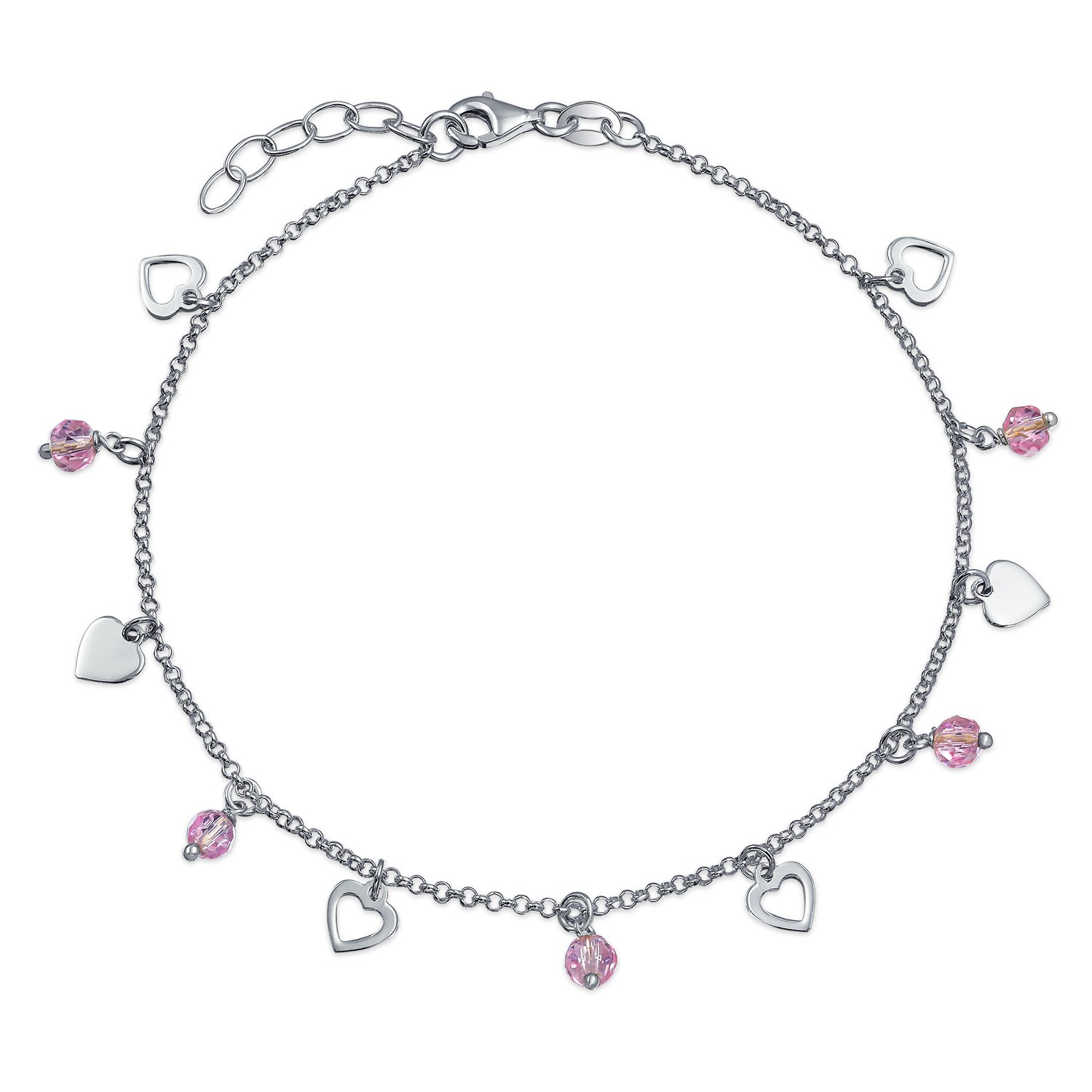 Bling Jewelry Multi Heart Crystal Pink Anklet Dangle Charms Anklet Ankle Bracelet For Women .925 Sterling Silver Adjustable 9 To 10 Inch With Extender