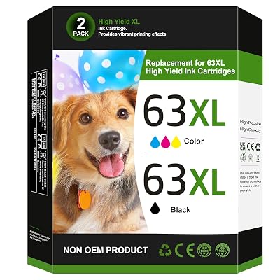 63XL Ink Cartridges Black and Color Replacement for HP Ink 63 for HP 63XL Ink Cartridge Combo Pack Work for HP OfficeJet 3830 4650 5255 5258 5200; Envy 4520 4512 4510; DeskJet 1112 2130 3630 (2 Pack)