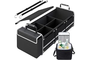 Snuopfy Car Trunk Organizer,115L Heavy Duty Collapsible Trunk Storage, with Insulated Leakproof Cooler Bag Vehicle Cargo Organizer with Lid, 3 Compartments, Straps For Car,Suv,Jeep,Sedan-Black