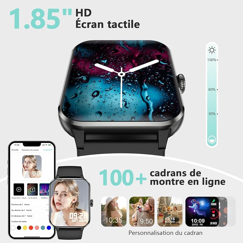 Montre Connectée Homme Femme, Appel Bluetooth, 1,85" HD, Noir