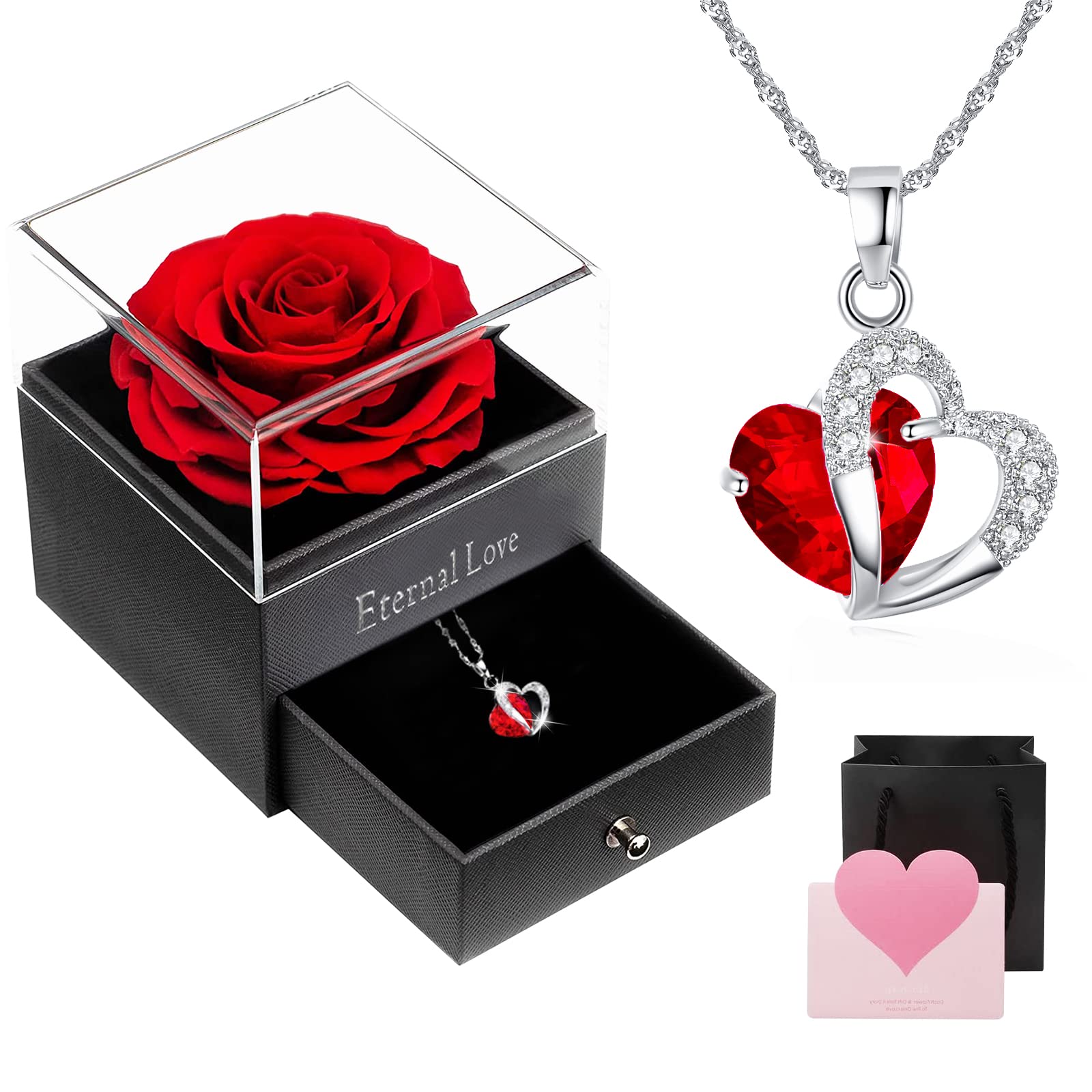 Eternal Rose with Present Box - Handmade Preserved Rose Jewelry for Mum, Sister, Girlfriend, Grandma - Valentines Day, Anniversary, Christmas
