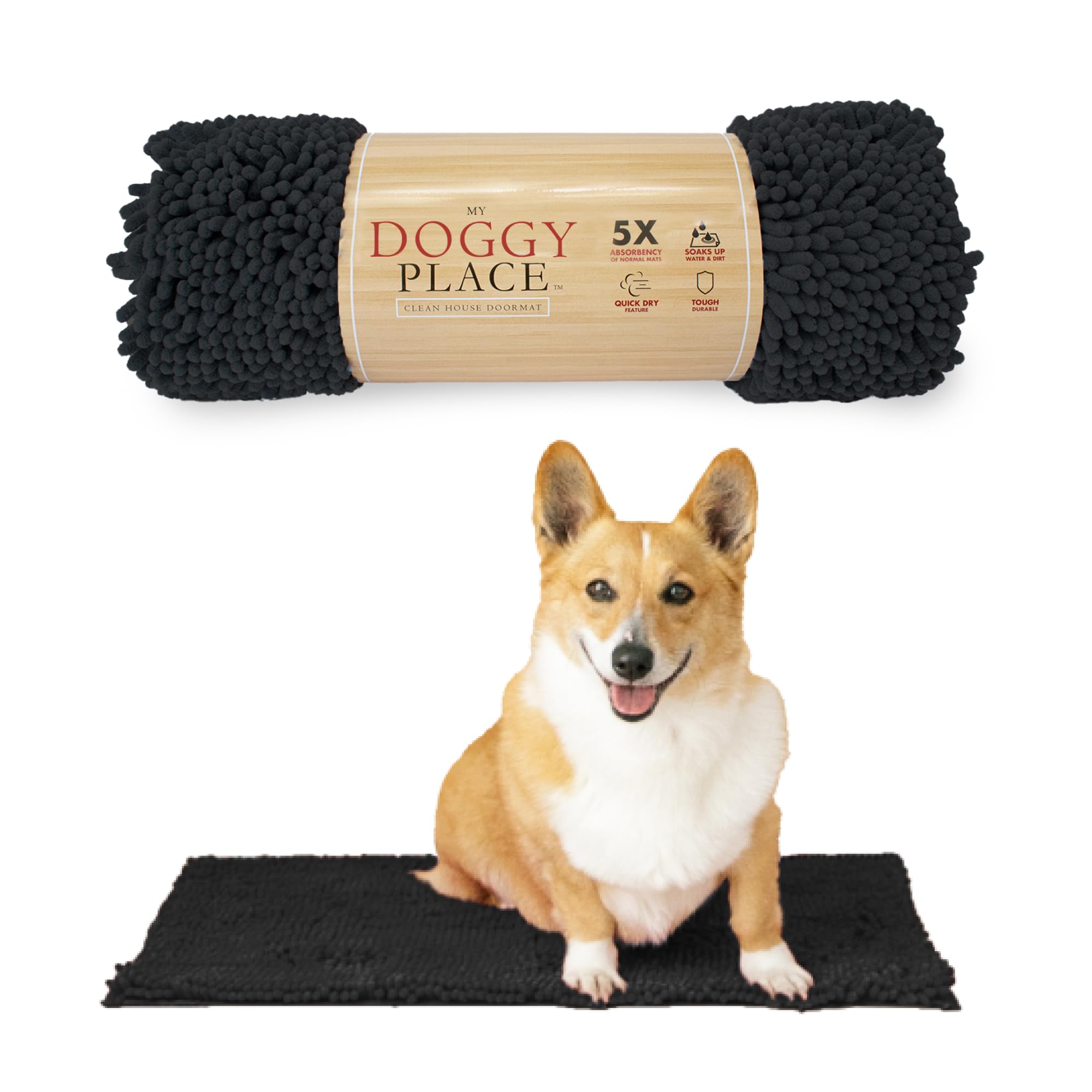 My Doggy Place Microfiber Dog Mat for Muddy Paws, 18" x 24" Charcoal - Absorbent and Quick-Drying Dog Paw Cleaning Mat, Washer and Dryer Safe - Non-Slip Rubber Backed Dog Floor Mat, Small