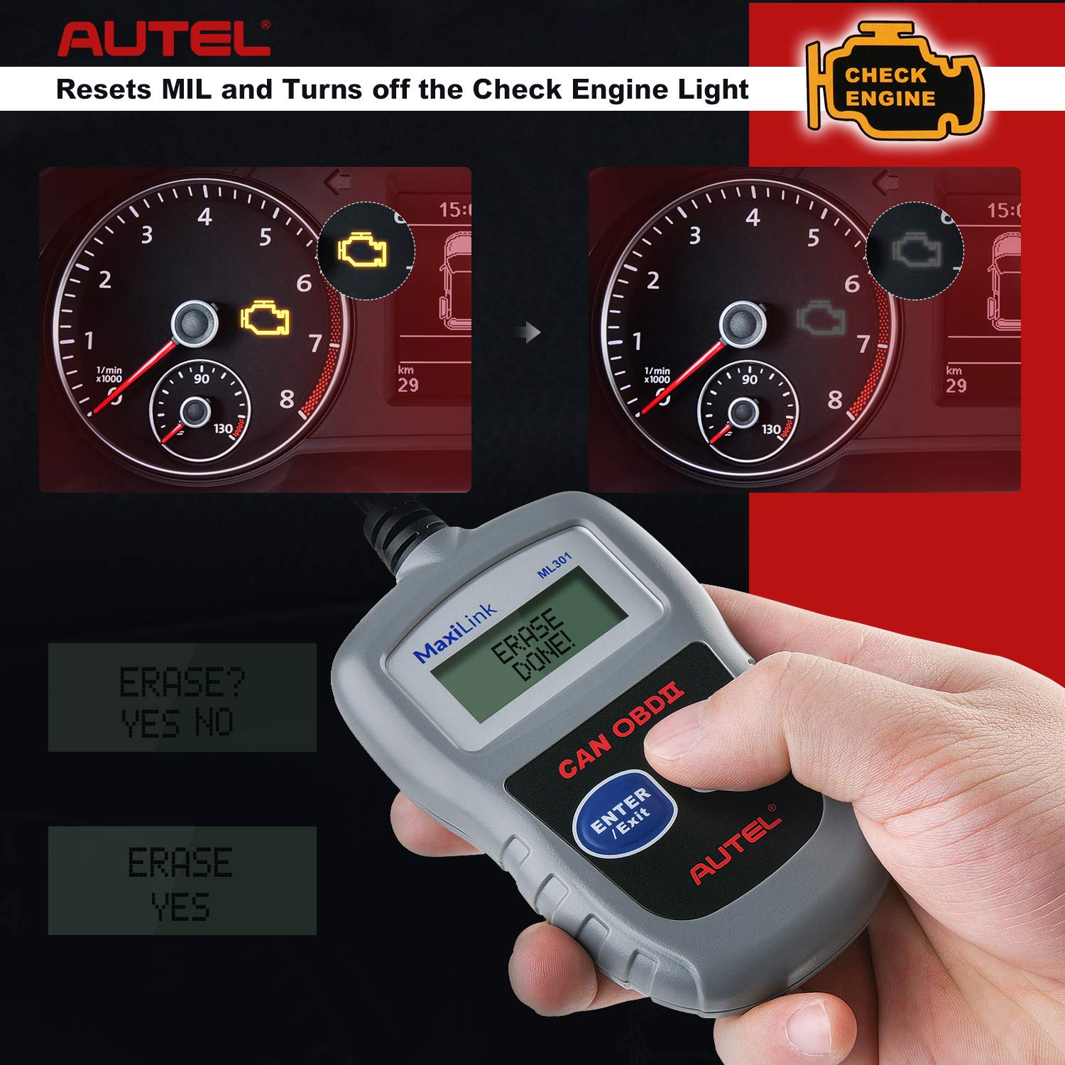 Autel MaxiLink ML301 OBD2 Scanner,Fault Code Reader with Reset and Turn off Check Engine Light(MIL),Upgraded Version of MS309
