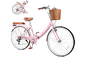 EISYROOD 26Inch Foldable Women Bike, Womens Folding Bike with Basket, 7 Speed Beach Cruiser Fodable Bike for Women with Cushion, V-Brakes, Quick Install for Adults, Womens