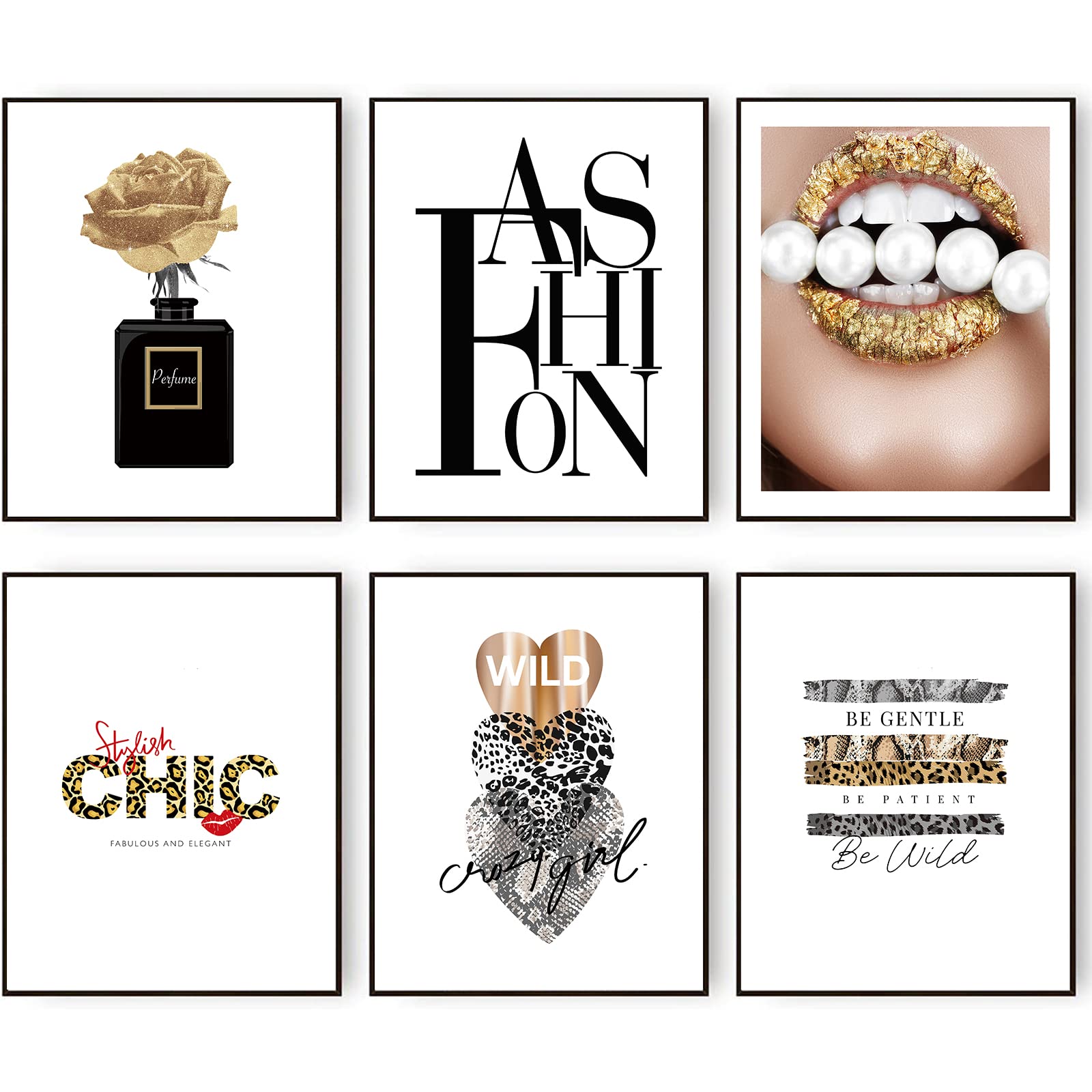 HoozGee Glam Gold Fashion Wall Decor Girls Room Decor Wall Art Prints Black and Gold BE WILD/BE PATIENT/BE GENTLE/FASHION CHIC Art Posters Bedroom Gallery Wall Decor (11"x14" UNFRAMED)