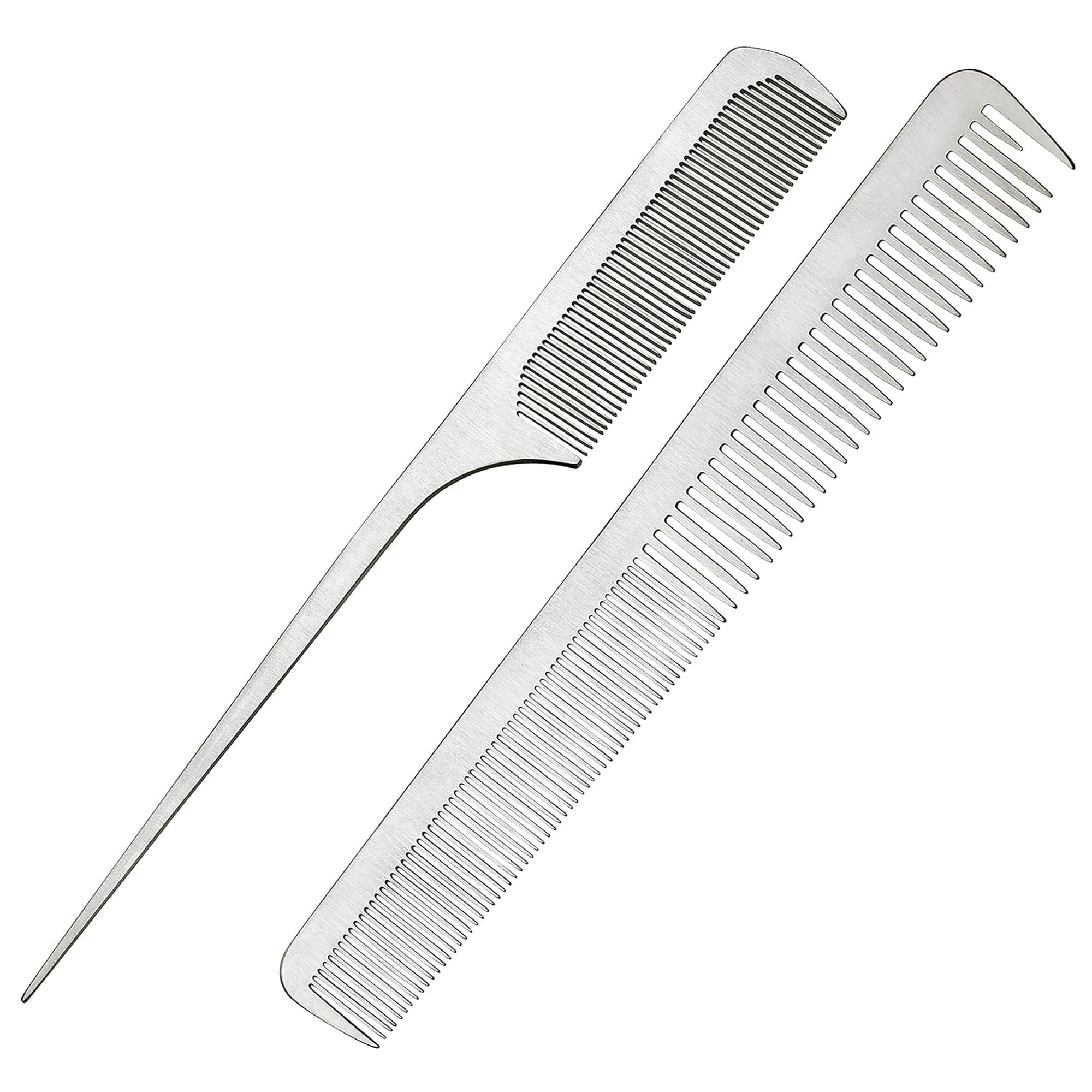 CCbeauty 2-Packs Metal Barber Comb Set Pack for Men & Women,Professional Hairdressing Salon Combs Hair cutting Tool Detangler Comb with Leather Bag (#2)