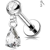 MeIighting 16G Internal Thread Helix Earring, Titanium G23 Teardrop Flat Back Earring, Dangle Vine Tragus Stud Clear CZ, Lobe Cartilage Conch Piercing Jewelry for Women 6 mm