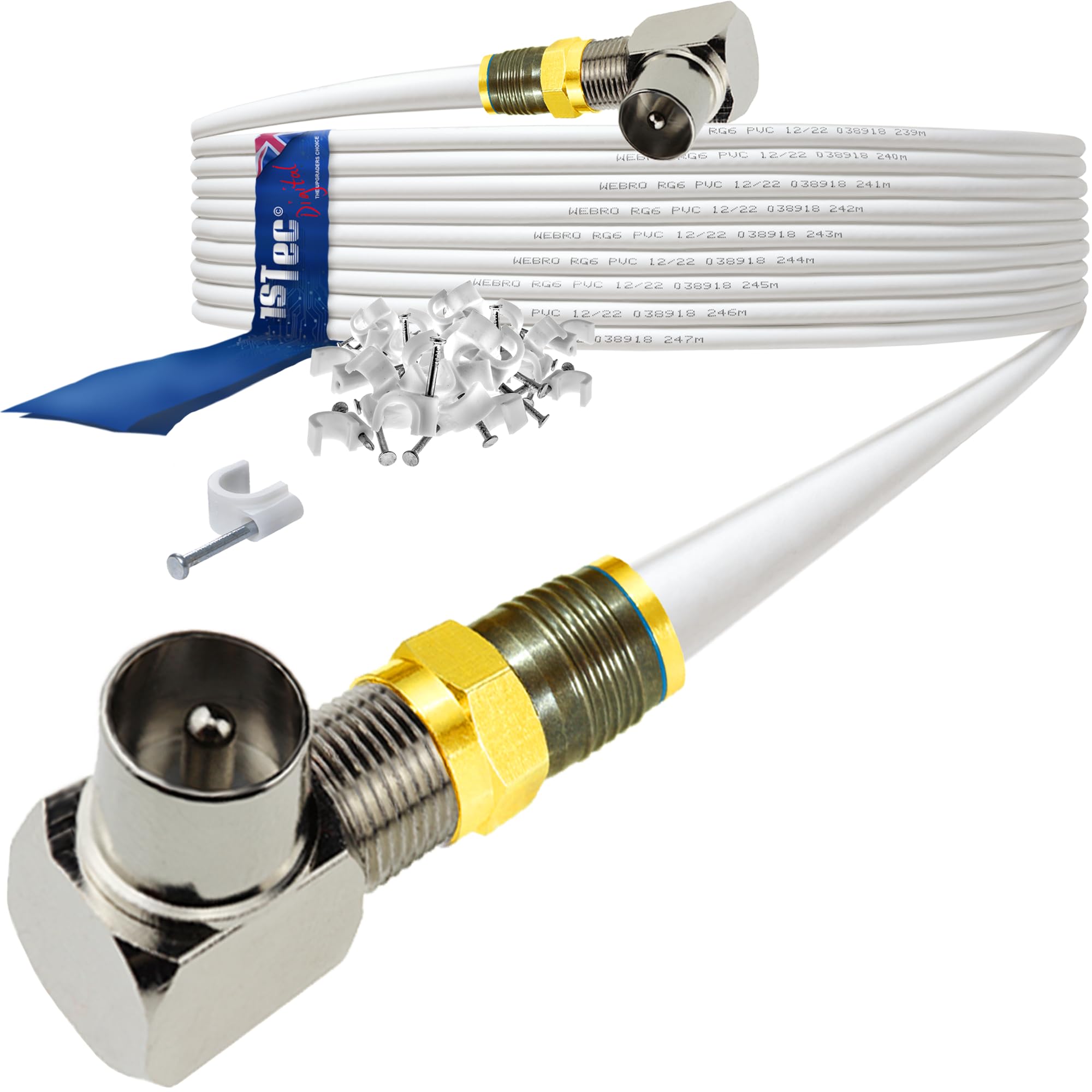 1STec 10m White 90 Degree Lead with F-connector to space saving Coax Male Plug connecting into Aerial Wall Socket for Freeview BT Youview LED LCD TV or DVR Extension Cable + Clips 10 Metre White