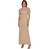 Adrianna Papell Women's Beaded Long 3D Floral Dress, Biscotti