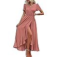 PRETTYGARDEN Women's Summer Wrap Maxi Dress Casual Boho Floral V Neck Short Sleeve Ruffle Hem Split Beach Long Dresses