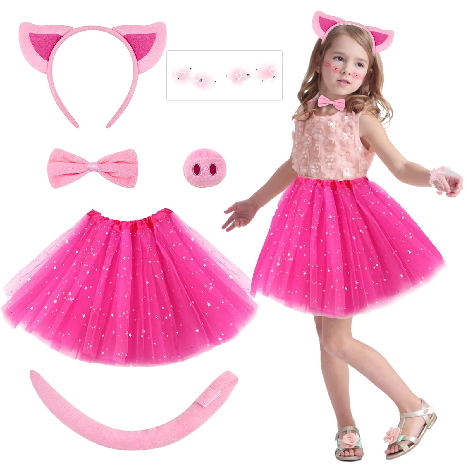 6Pcs Pig Costume Set, Pink Pig Cosplay Accessories Fancy Dress With Pig Ears Headband Pig Nose Pig Tail Bow Tie Princess Tutu Skirt Pink Heart Blush Face Sticker For Halloween, World Book Day Carnival