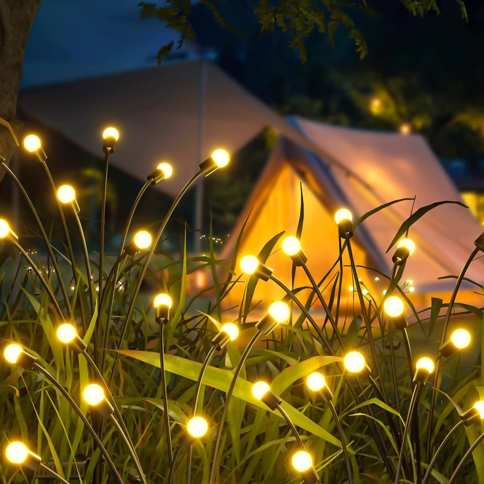 Firefly Solar Lights Outdoor Garden, 2 Pack 8 LED Light Bulbs Starburst Swaying Solar fairy Garden Lights, Waterproof Solar Firefly Lights for Pathway Yard Patio Landscape Decorative (Warm White)