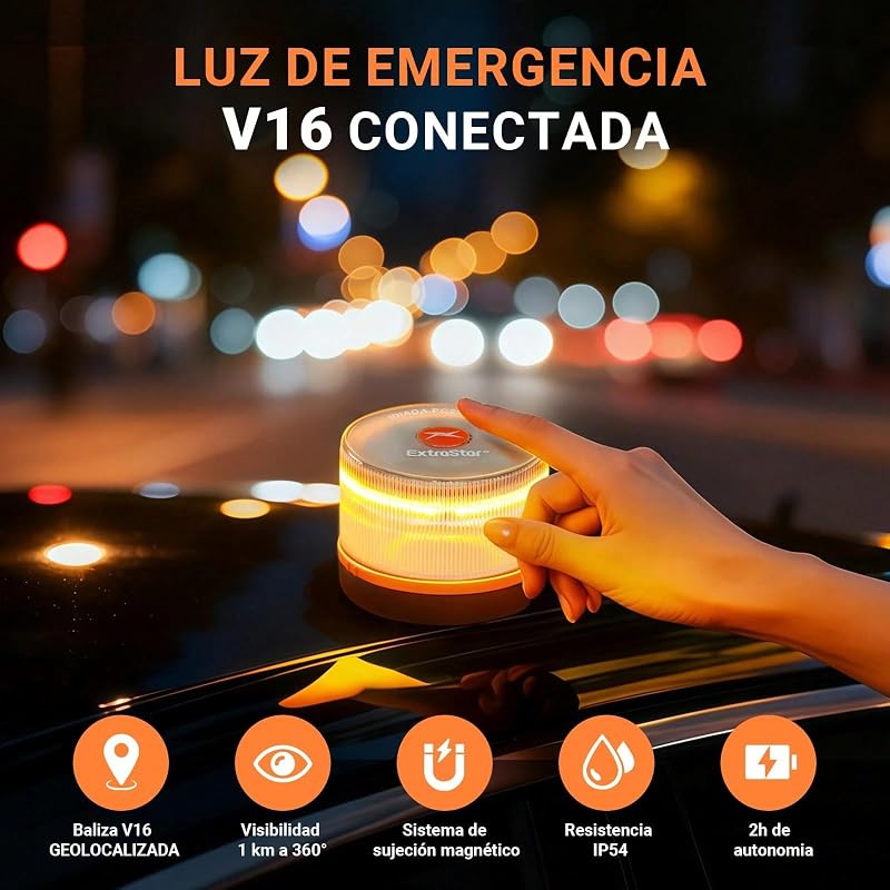 EXTRASTAR Luz Emergencia Baliza V16 Homologada DGT con Geolocalización, Baliza Coche Conectada DGT 3.0, Datos Incluidos hasta 12/2038