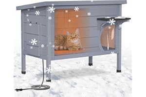 PETIMBER Heated Outdoor Cat House with Insulated Liner, Heated Pad, Escape Door, Winter Weatherproof Outside Feral Cat Shelter, 2-Room Wooden Cat House for Multiple Cats, Grey