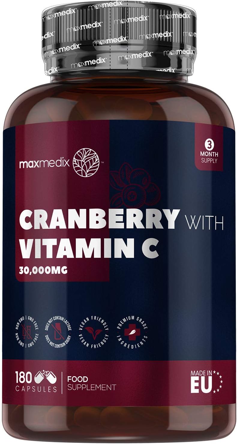 Cranberry Capsules, 180 Capsules, Upto 6 Months Supply, Cranberry Supplements, with Added Vitamin C, Magnesium Stearate-Free