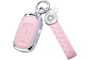 RUABIBAN for Honda Key Fob Cover with Keychain, Pink Genuine Leather Crystal Key Case Protection Shell Compatible with 2022 Honda Accord Civic CRV Pilot Odyssey 11th Gen Smart Key