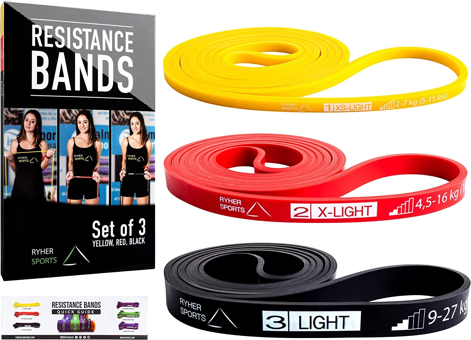 Ryher Fitness Pull Up Resistance Band - Exercise bands for CrossFit, Chin Up Assistance, Elastic Band for Powerlifting, Streching (SET OF 3 - Yellow, Red and Black)
