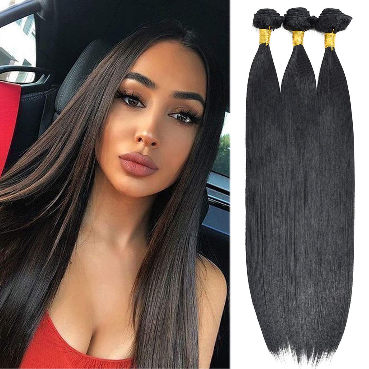 Yamel Synthetic Hair Bundles Straight 14 14 16 Inch 3 Bundles Total 210 Grams Soft Natural Black Hair Weft