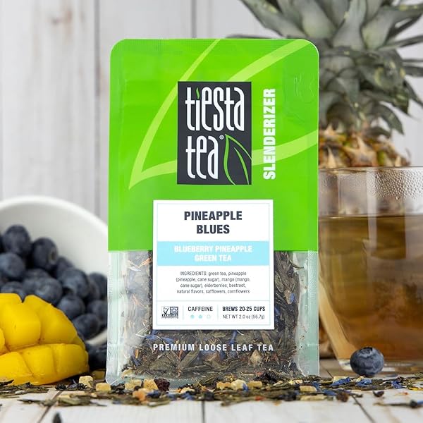 TIESTA TEA – PINEAPPLE BLUES, LOOSE LEAF, BLUEBERRY PINEAPPLE GREEN TEA, PREMIUM TROPICAL BLEND, MEDIUM CAFFEINATED GREEN, MAKE HOT OR ICED, BREWS UP TO 25 CUPS, 2 OUNCE RESEALABLE POUCH