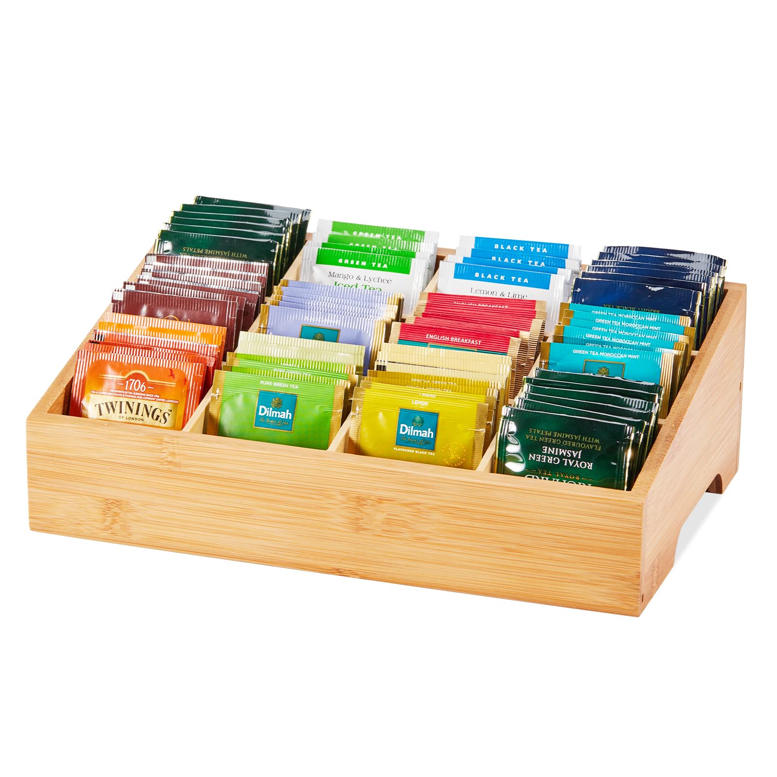 Photo 1 of TIMIEEYA Tea Bag Organizer - Bamboo Tea Storage Organizer With 12 Compartments, 1 Layer Tea Organizer for Tea Bags Natural Bamboo for Countertop Office Kitchen Cabinet Pantry