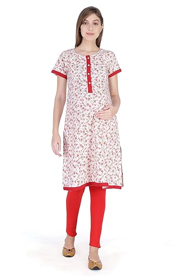 Women's Cotton Parmesan Beige & Crimson Red Maternity/Feeding Kurti