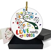 REWIDPARTY Autism Awareness Gifts Love Needs No Words Ornament Keepsake Sign Plaque Inspirational Gifts for Autistic Kid Christmas Tree Decor 3" Circle Ceramic Ornament with Gold Ribbon & Gift Box