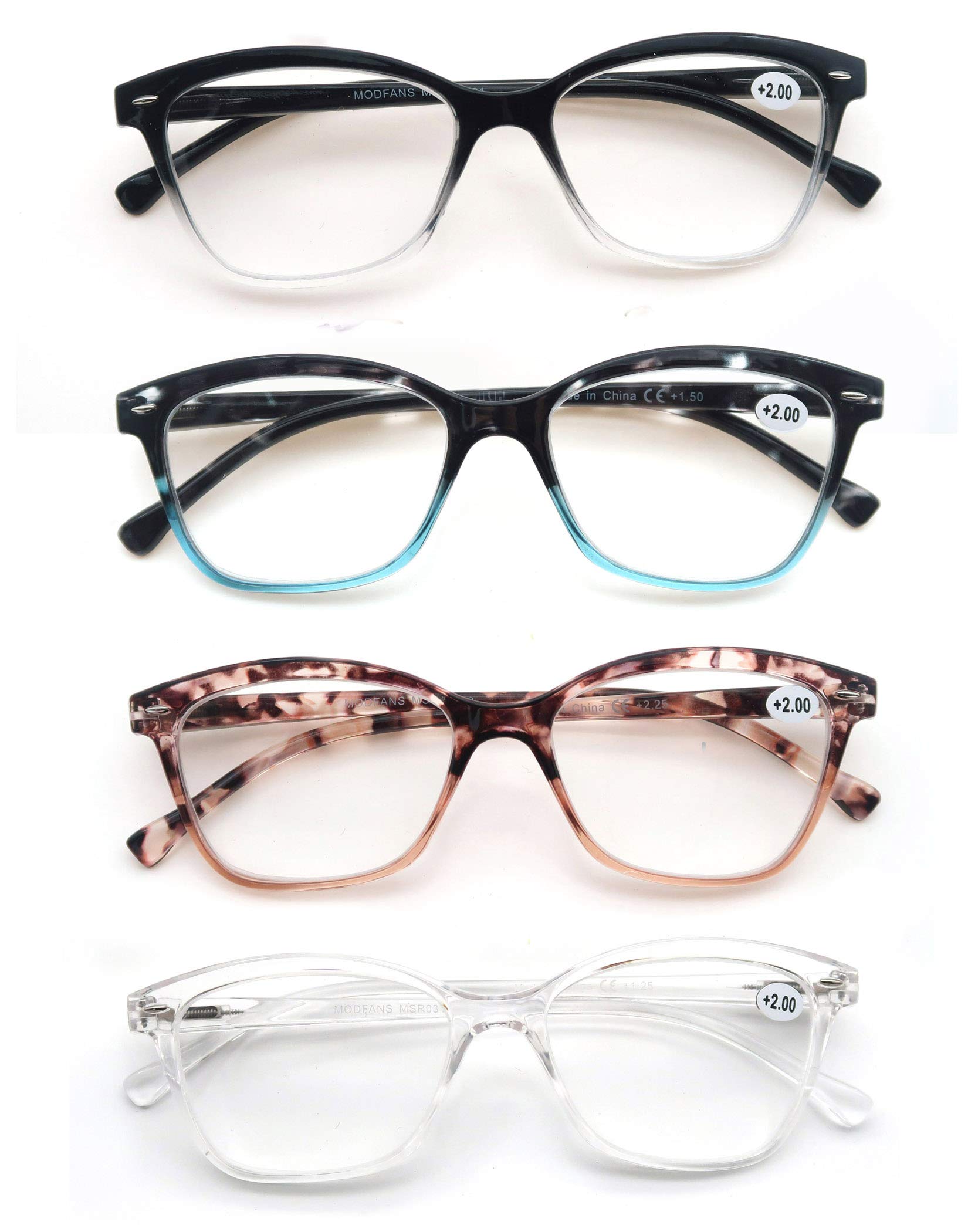 MODFANS Womens Reading Glasses 4-Pack Stylish Ladies Readers,Comfort Spring Hinge,Light Frame Pattern Fashion Design Pouch Included
