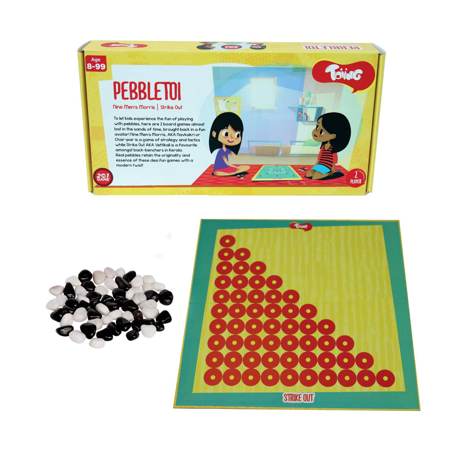Toiing Pebbletoi 2-in-1 Traditional Strategy Board Game for Kids & Families | Nine Men's Morris with Pebbles | Critical Thinking Indoor Game | Great Birthday Gift